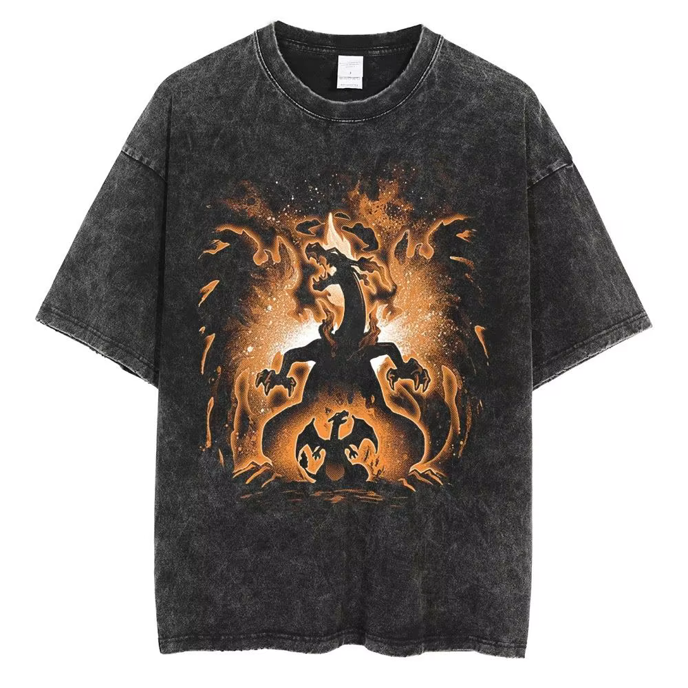 T-shirt Homme Pokémon Charizard Été 2026 Vintage Délavé à l'Acide Coupe Oversize Anime Japonais Stre