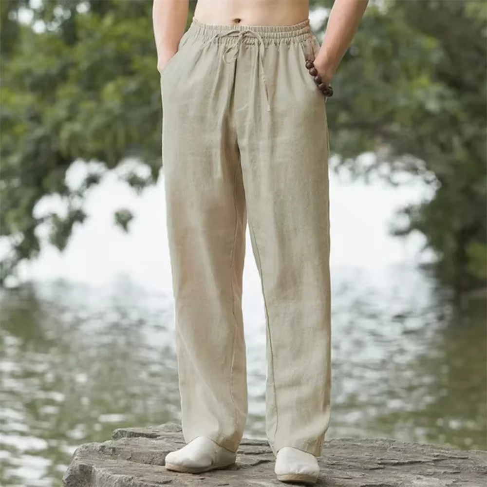 Pantalon de plage bleu pour hommes, jogging, Streetwear, en coton et lin, décontracté, vacances hawa