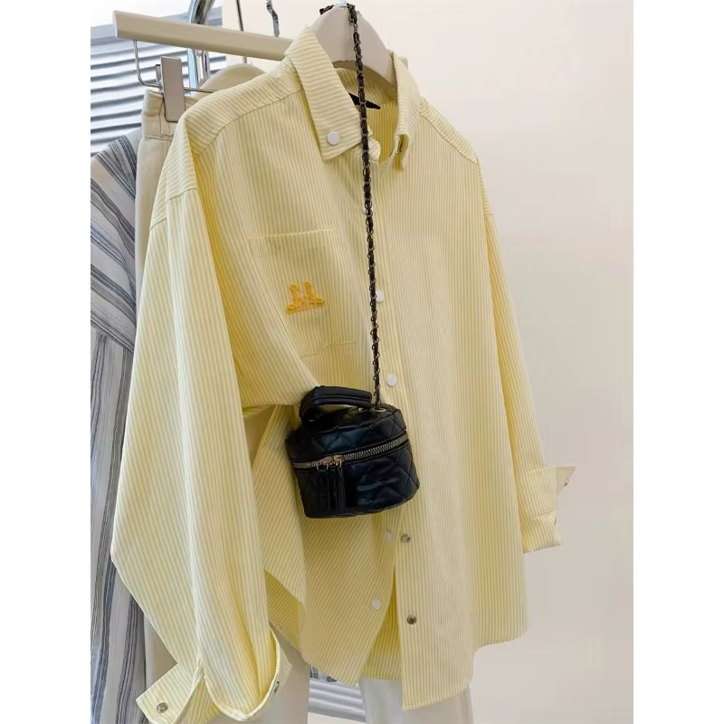 Chemise rayée chiot jaune pour femmes, haut ample à manches longues, décontracté, polyvalent, veste 