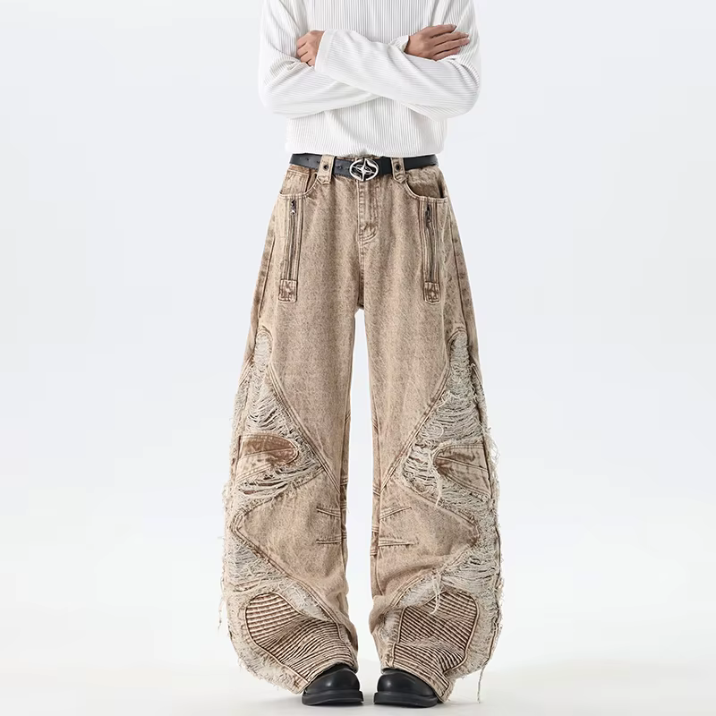 IEFB Streetwear – Jean cargo déchiré et patchwork pour homme, coupe ample, jambe large, délavé marro