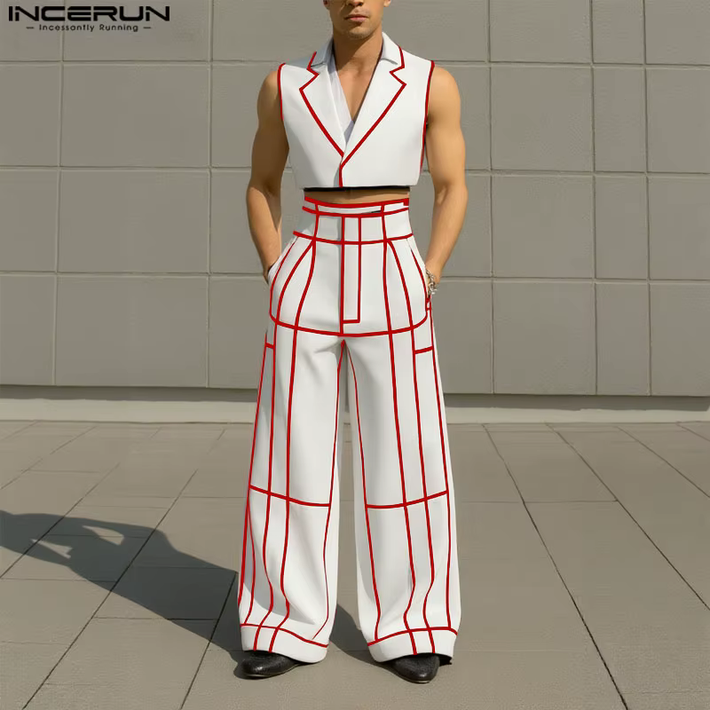 INCERUN hommes ensembles Patchwork revers sans manches gilets courts et pantalons à jambes larges de
