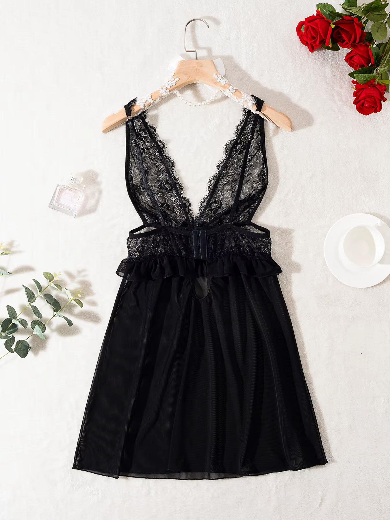 Lingerie noire transparente sexy, chemise de nuit en dentelle pour femme, chemise de nuit sexy sans 