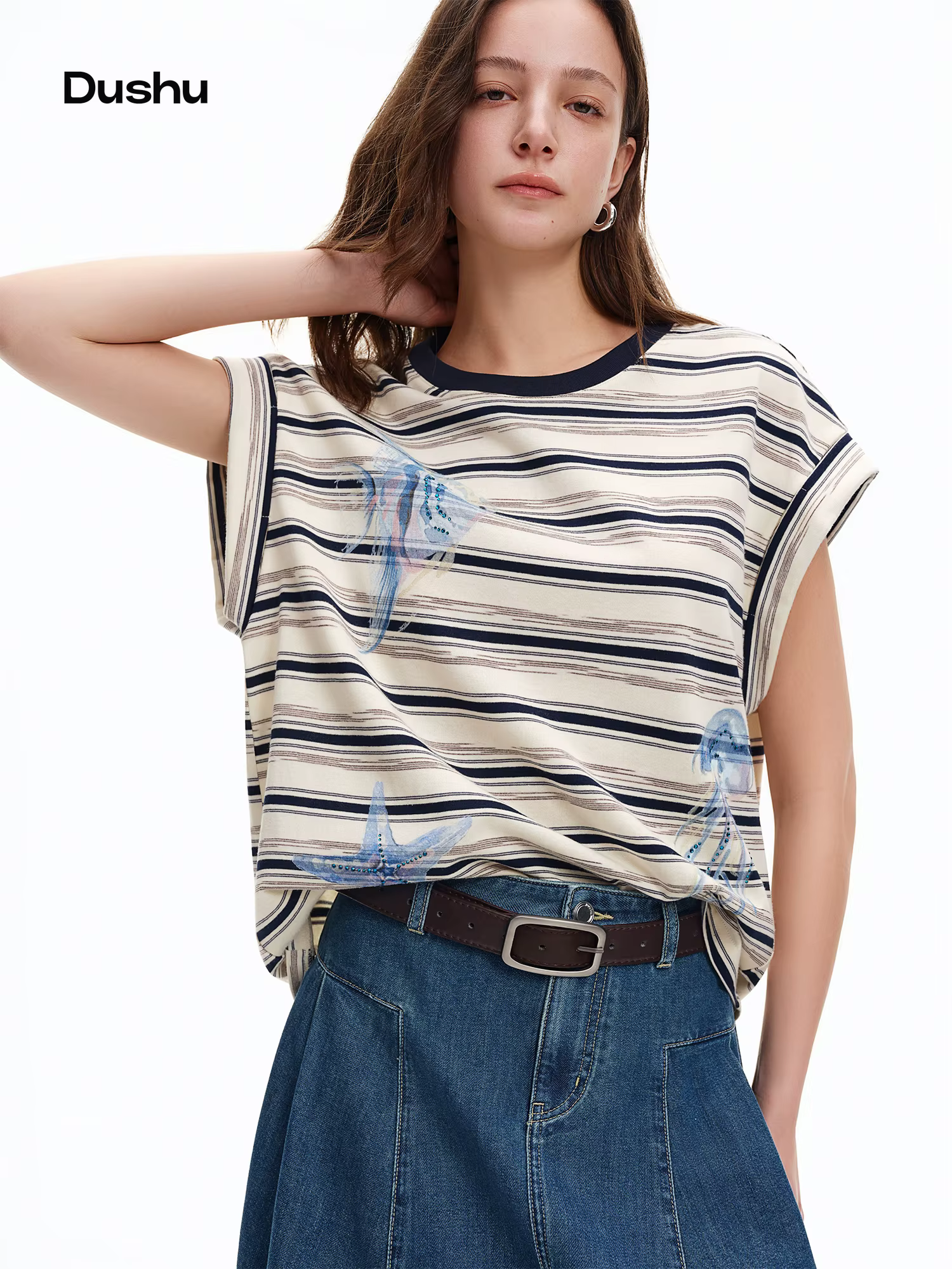 T-shirt DUSHU à manches raglan rayées imprimé océan et strass, col rond, coupe ample et confortable,