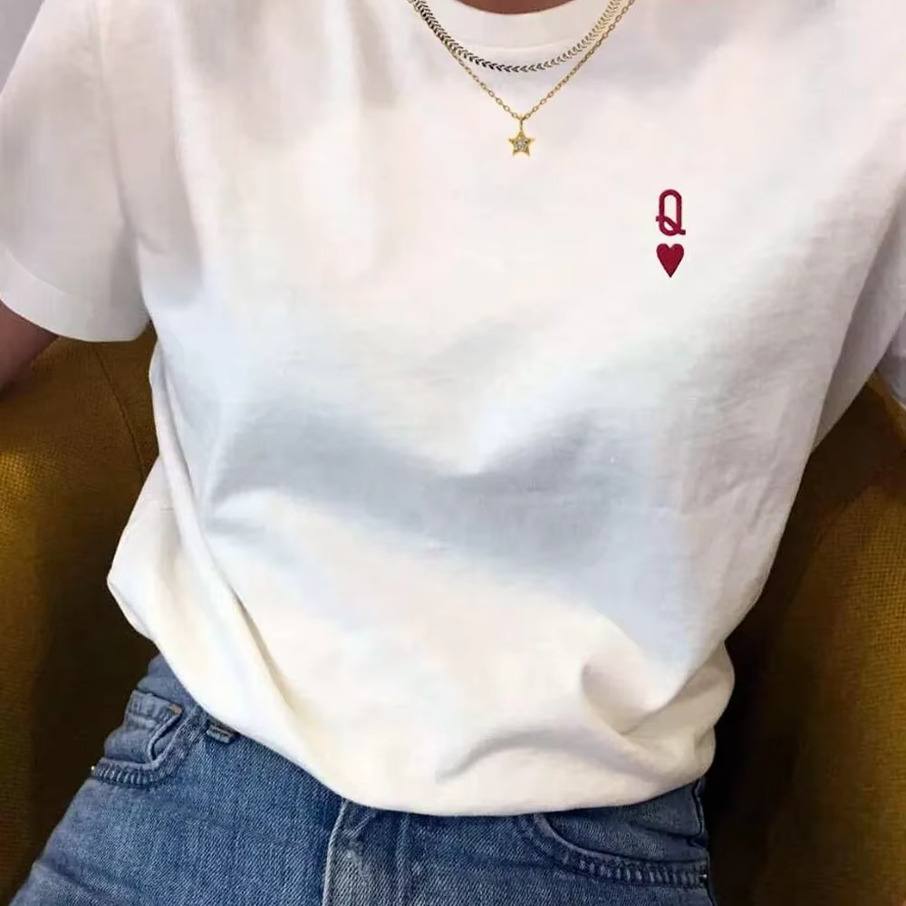 ChimAmerican Ins T-shirt imprimé lettre coeur rouge pour femme, blanc, coton adt, été, manches court