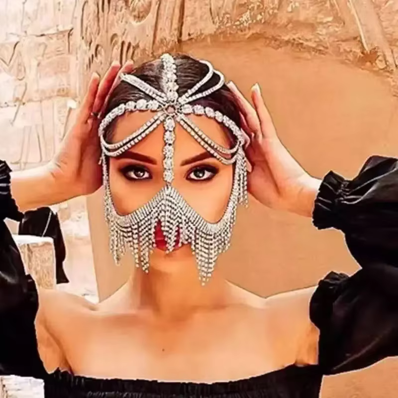 Accessoire de coiffure tendance à sequins étincelants et pompons, bijou de masque incrusté de diaman