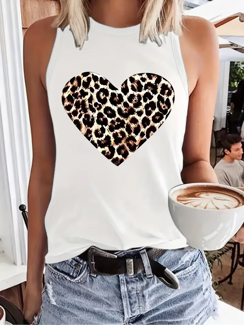 T-shirt imprimé léopard et cœur pour femmes, débardeur sans manches, col rond, haut décontracté pour