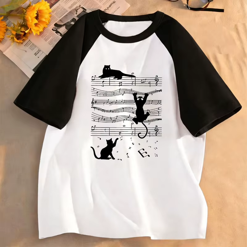 T-shirts Kawaii à la mode avec motif chat musical, T-shirt Manga pour enfants, garçons et filles, ha