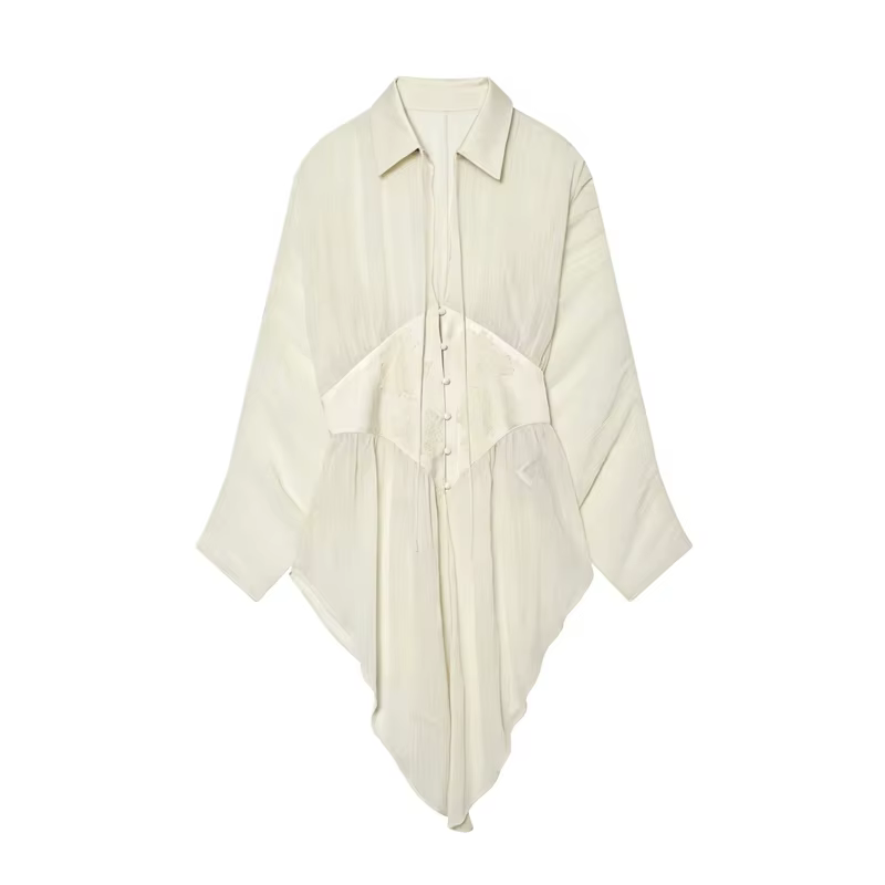 Chemisier Femme Été 2026 Nouvelle Collection Beige Manches Longues Chauve-souris Transparent Sexy Aj