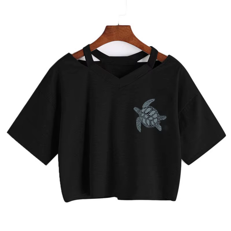 T-shirt imprimé tortue de mer pour femmes, haut court graphique Y2K pour la plage, le surf, la plong