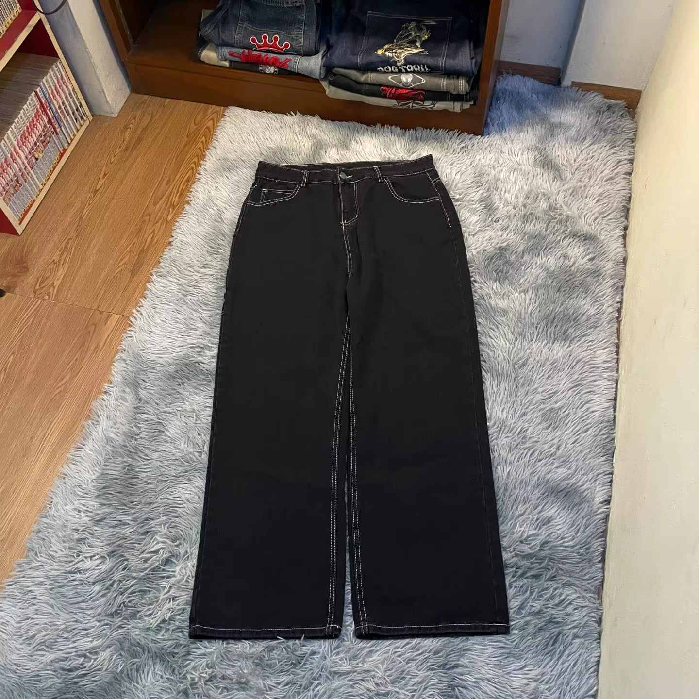 Jeans amples noirs pour hommes et femmes, Streetwear, Lettre d'aviation, Pantalon de sport, Mode rét