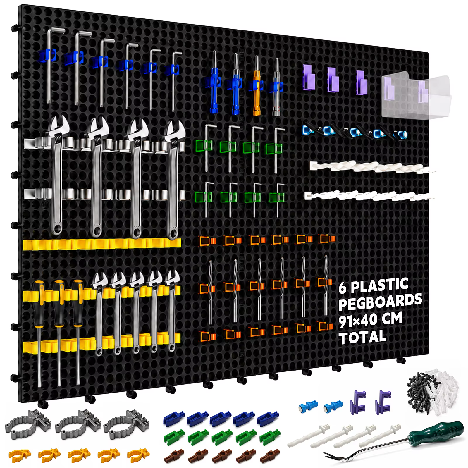 Kit d'organisation murale en plastique perforé, 6 panneaux noirs 91 x 40 cm, 200 accessoires avec cr