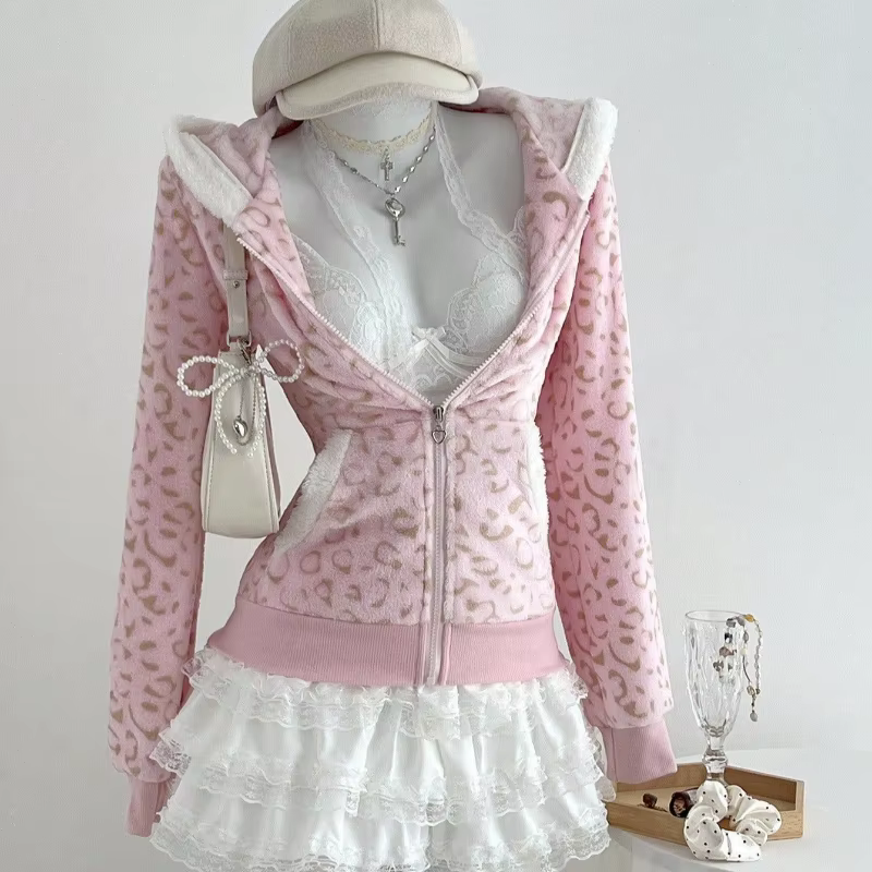 Sweat-shirts pour femmes Zip-up Grunge Gyaru à capuche gothique Top Mignon rose léopard pinte à capu