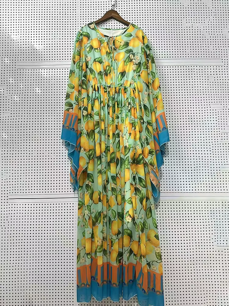 Robe pull ample à imprimé fruits rétro pour femme, col rond, taille plissée, jupe bouffante, grande 