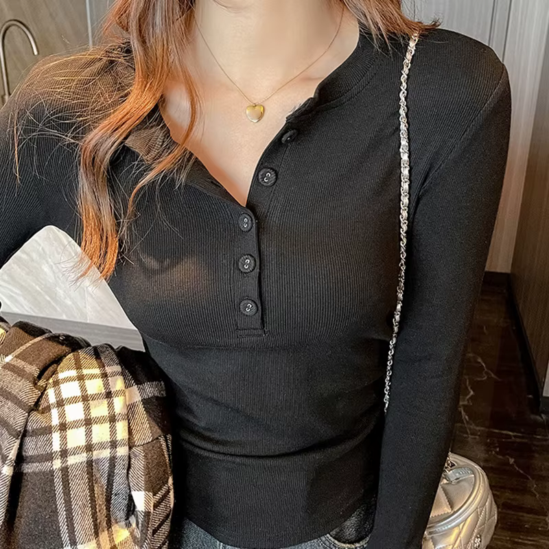 T-shirt coréen à manches longues boutonné pour femme, automne-hiver, coupe ajustée très élastique, h