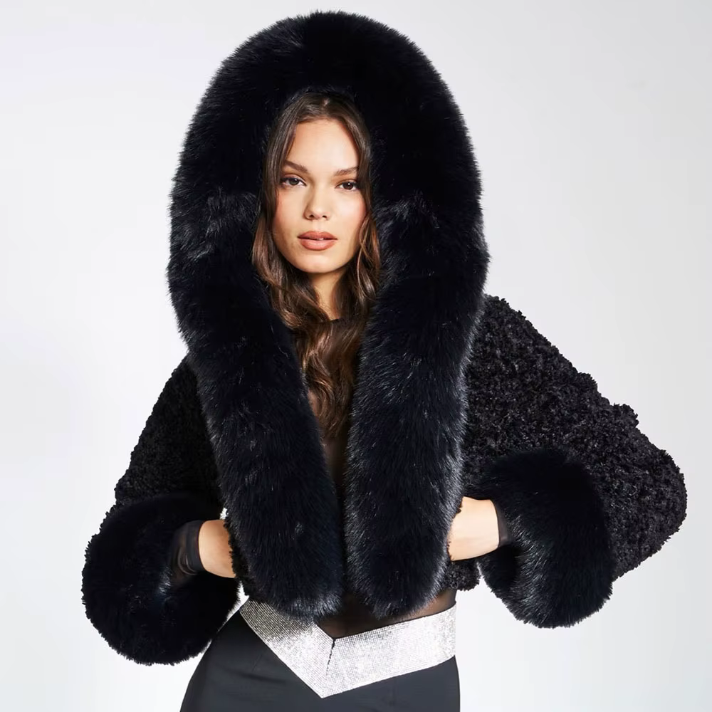 Manteau en fausse fourrure pour femme, capuche, col court en fourrure, tissu en laine, automne et hi