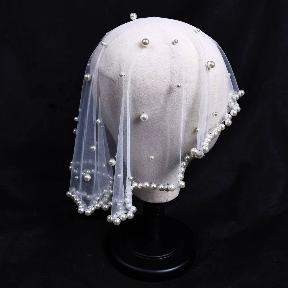 Voile de mariée élégant en perles, Tulle français, voile de mariage court en dentelle, gaze pour têt