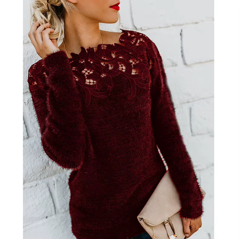 Vêtements pour femmes vêtements européens et américains couleur unie Patchwork dentelle pull à manch