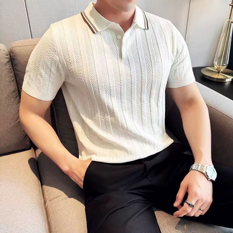 Polo pour hommes haute élasticité col rabattu tricoté soie glacée demi manches haut Style coréen cou