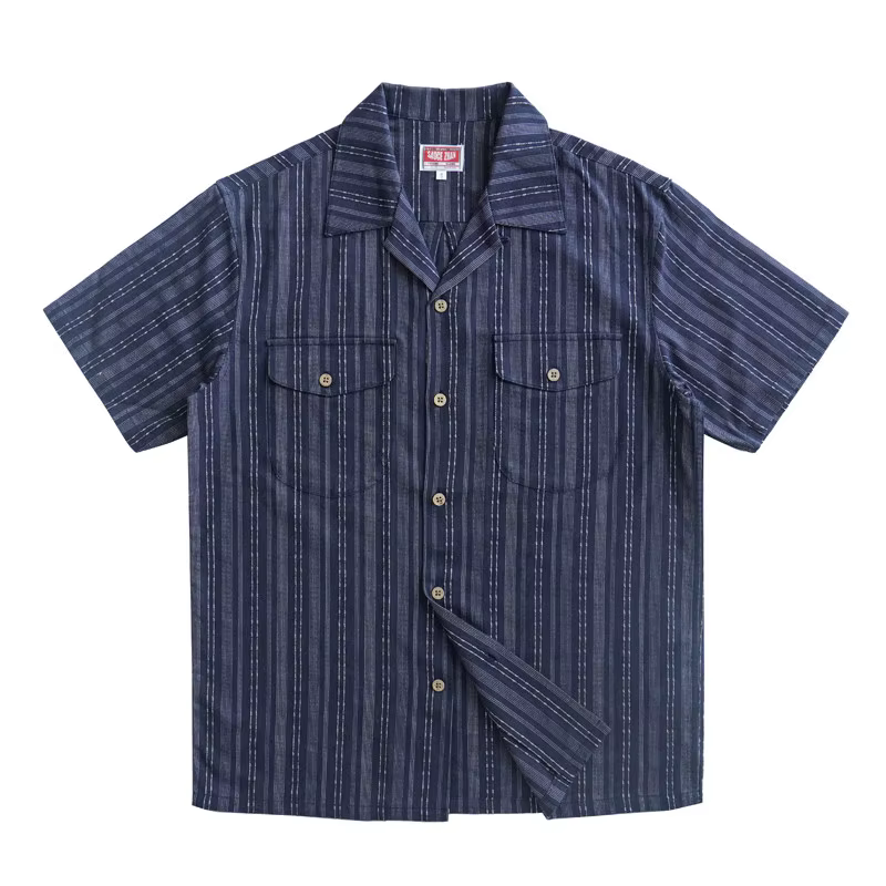 Chemise à manches courtes en jacquard pour hommes, col cubain, chemise d'été décontractée à rayures 