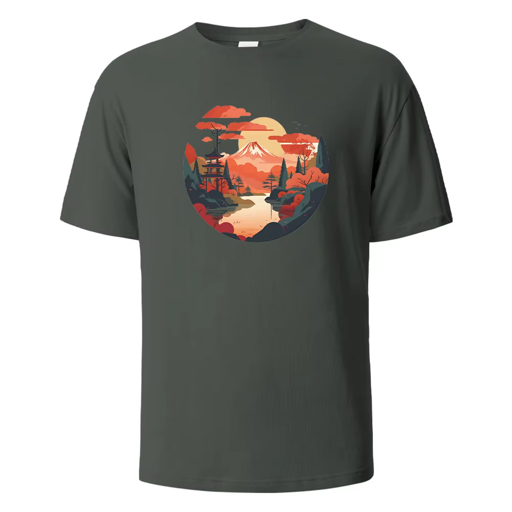 T-Shirt Imprimé Mont Fuji pour Homme et Femme, Streetwear Décontracté à Manches Courtes, Basique, en