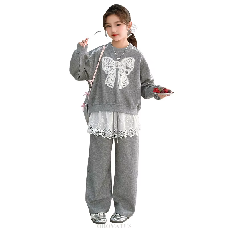 Ensemble sweat-shirt et pantalon avec nœud en dentelle pour adolescentes, costume imbibé, vêtements 