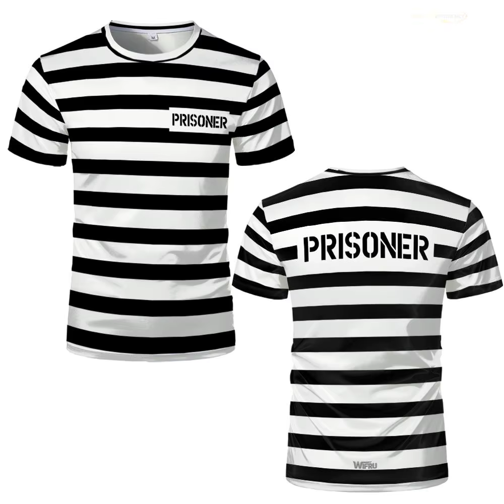 T-Shirt rayé de prisonnier, noir et blanc, thème de prison, amusant et novateur, manches courtes, Co