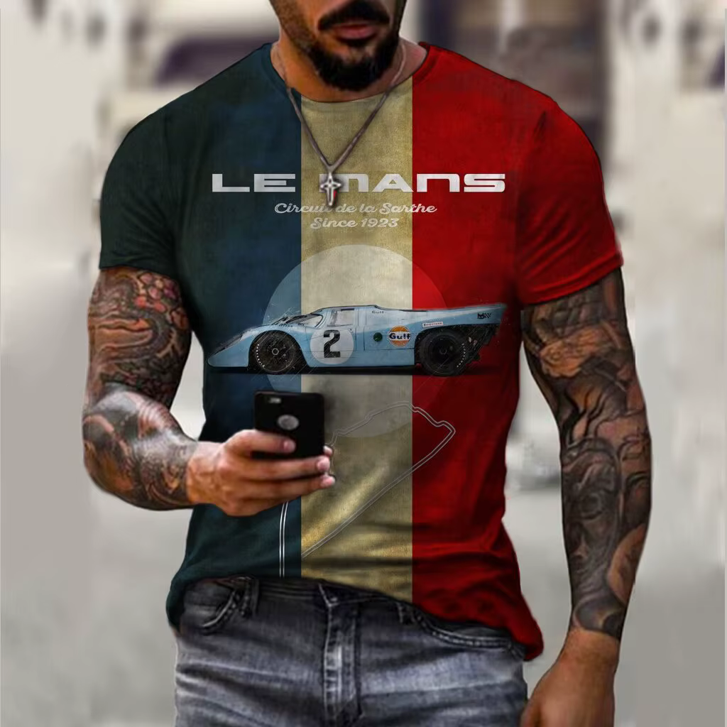 Nouveau T-shirt pour hommes Lemans motif de voiture T-shirt été surdimensionné T-shirt style décontr