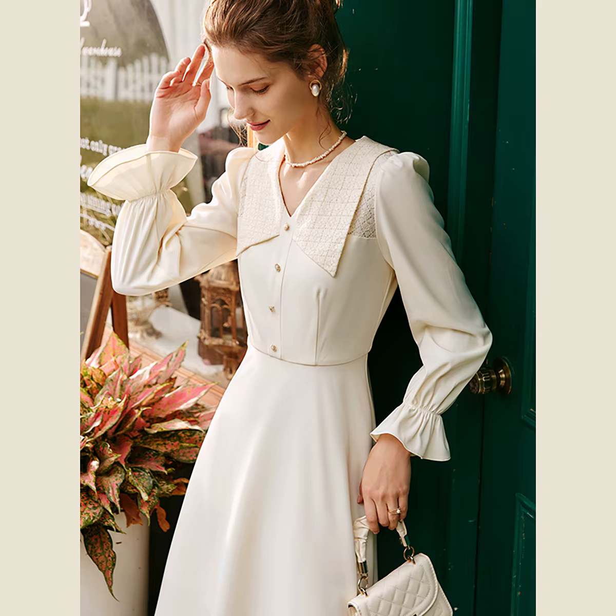 Robes élégantes OLrain pour femmes, collection Printemps 2026, robe midi en dentelle française à col