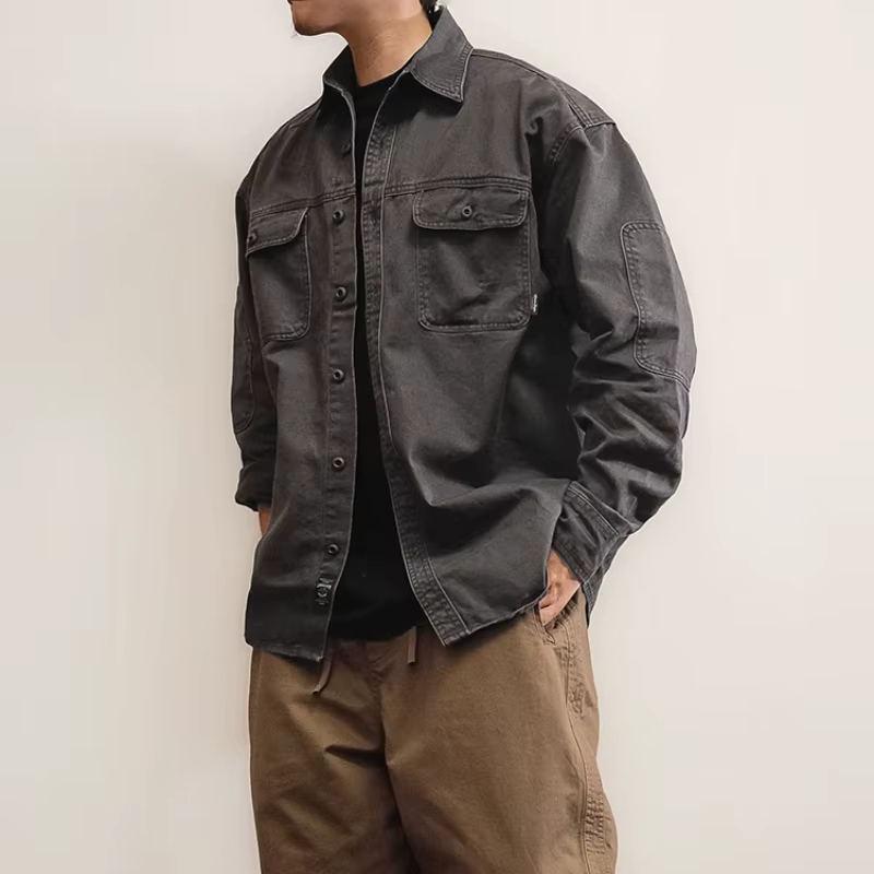‌ Chemise de travail japonaise Vintage délavée pour hommes, sergé de coton épais, manches longues, s