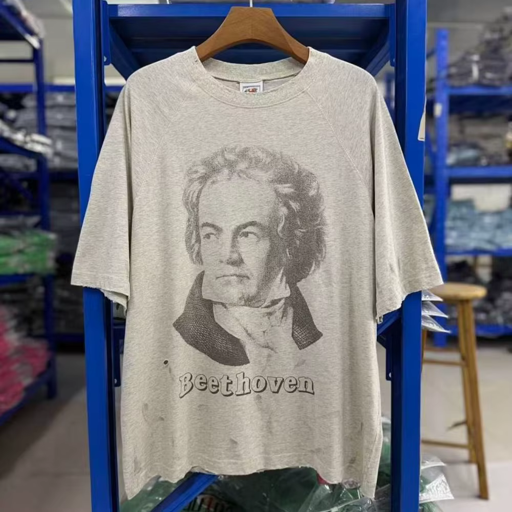 SAINT Hole Style Nouvelle Arrivée T-shirt gris à manches courtes col rond oversize à trous imprimé r