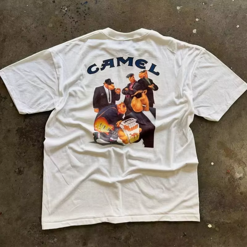 T-shirt graphique rétro voiture et cigarette camel, chemise décontractée en coton à manches courtes,