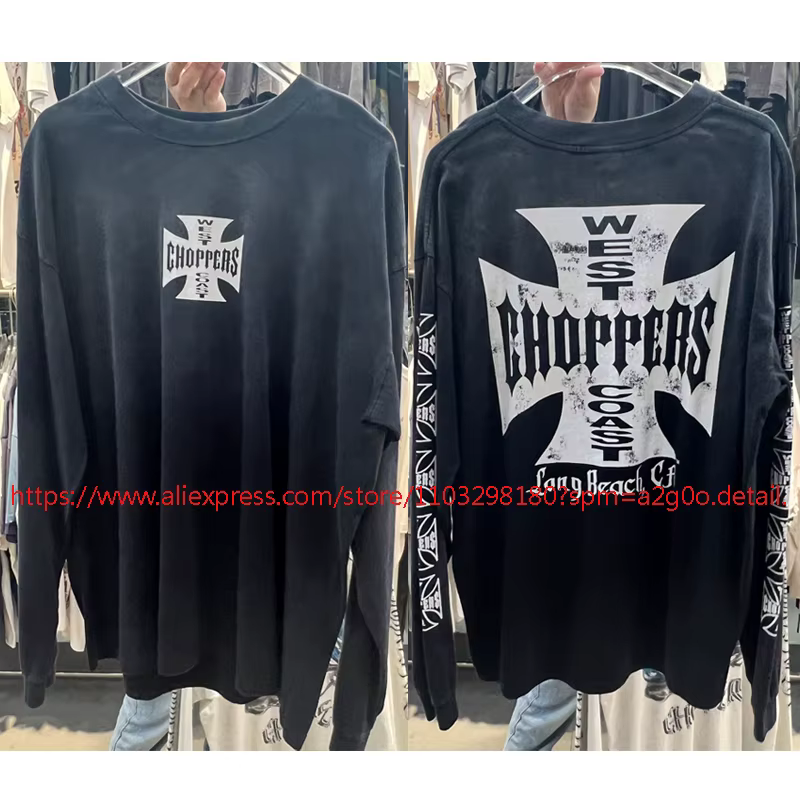 T-shirt Streetwear Tendance Côte Ouest Rétro Décontracté Ample Noir Délavé Imprimé Manches Longues H