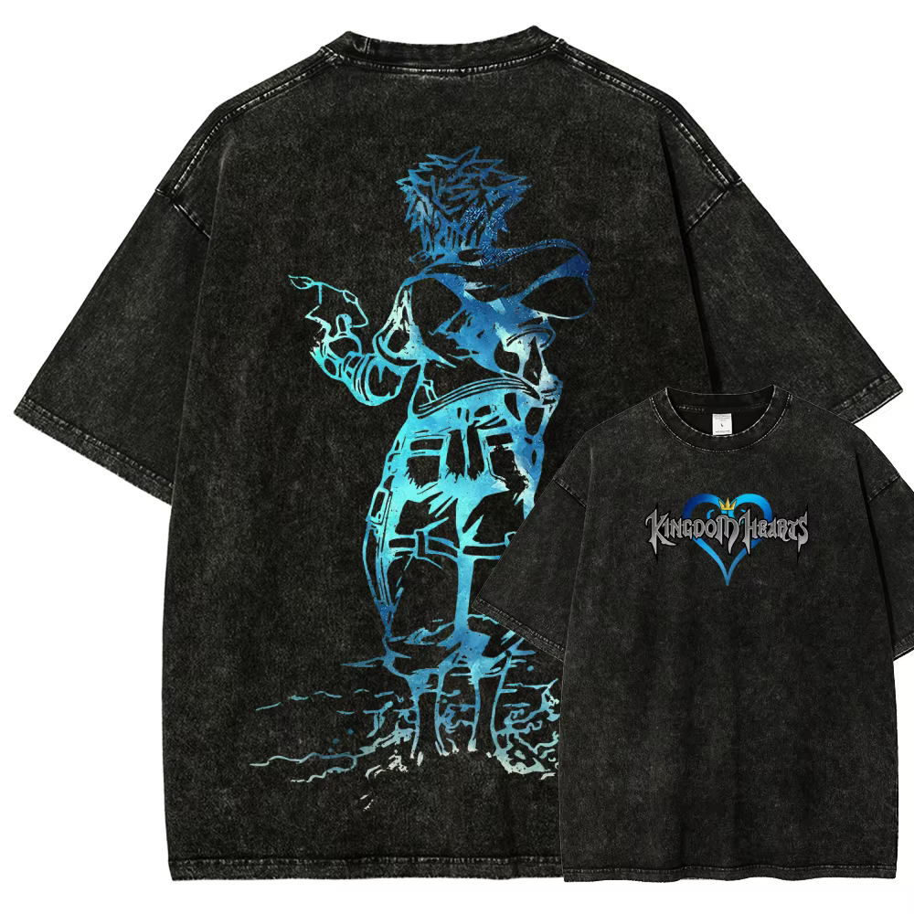 T-shirt délavé Kingdom Hearts, nouveau modèle, vêtements personnalisés, mode rétro, streetwear tenda