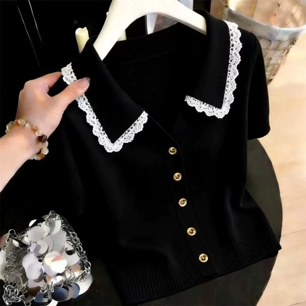  ﻿ ﻿ ﻿ ﻿ ﻿ ﻿ ﻿ ﻿   Haut court en tricot boutonné pour femmes, style Y2K coréen, avec dentelle sur l