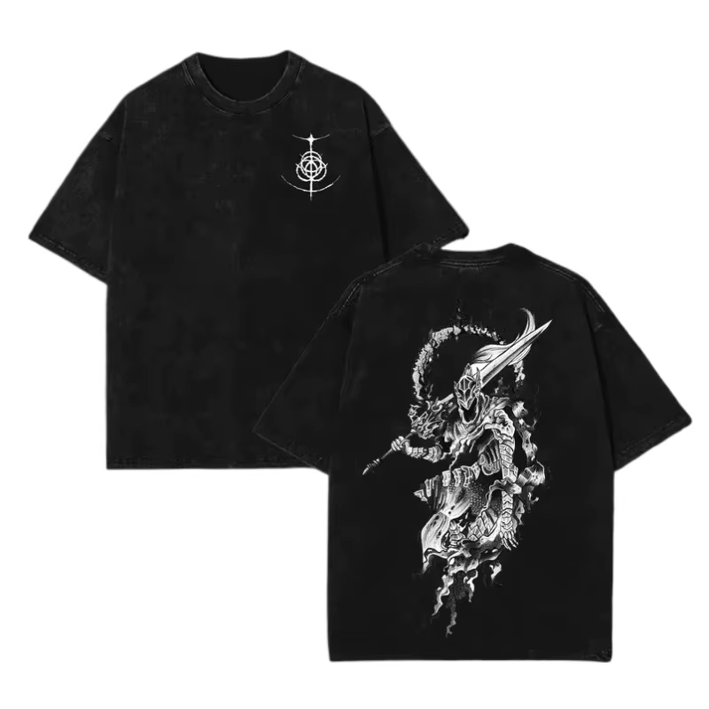 T-shirt Anime Elden Ring Maliketh Vintage Délavé Homme Femme 100% Coton Tee Harajuku Streetwear Top 