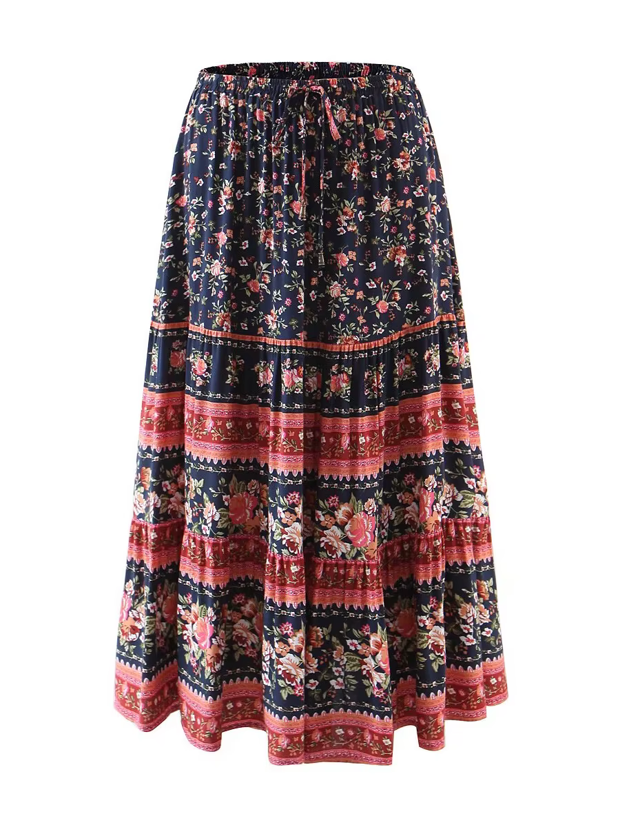 Jupe de plage bohème à imprimé floral vert pour femmes, maxi, vintage chic, ethnique, taille haute é
