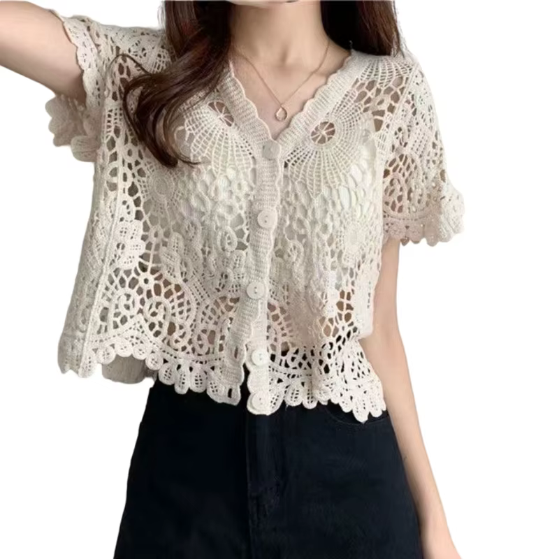 Cardigan évidé en dentelle à manches courtes pour femmes, style français, crochet, tricot, col en V,