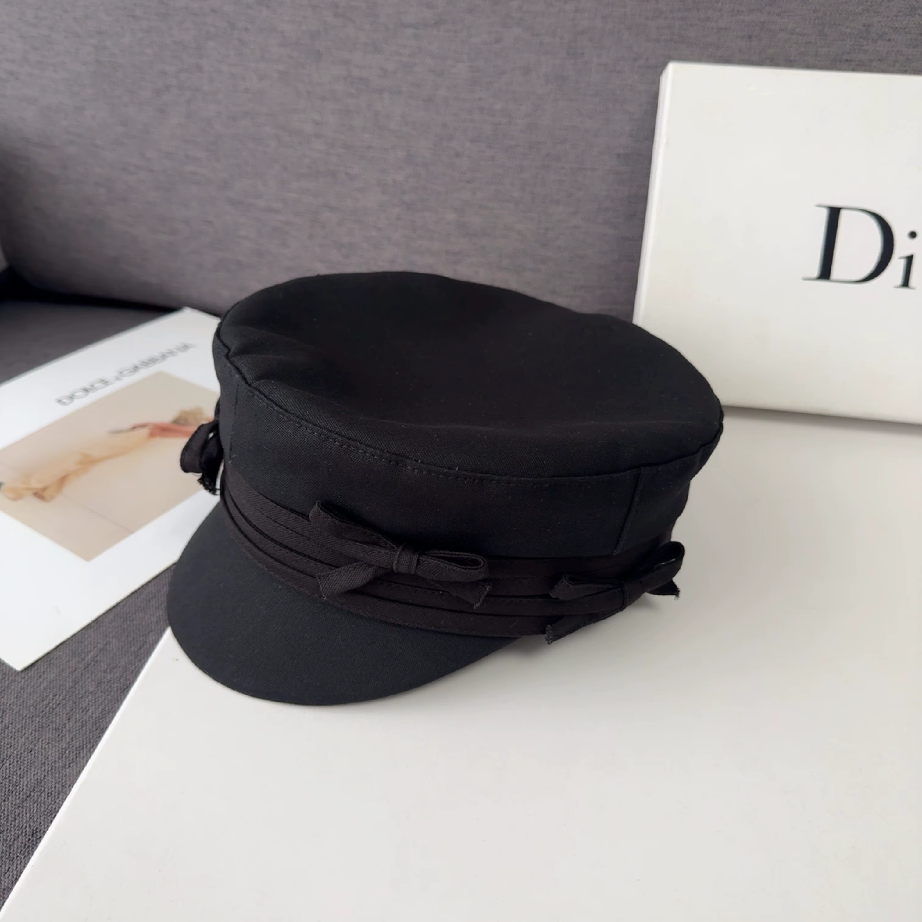Casquette plate noire brodée avec nœud, respirante, printemps-été, style Baker Boy, en coton pour fe