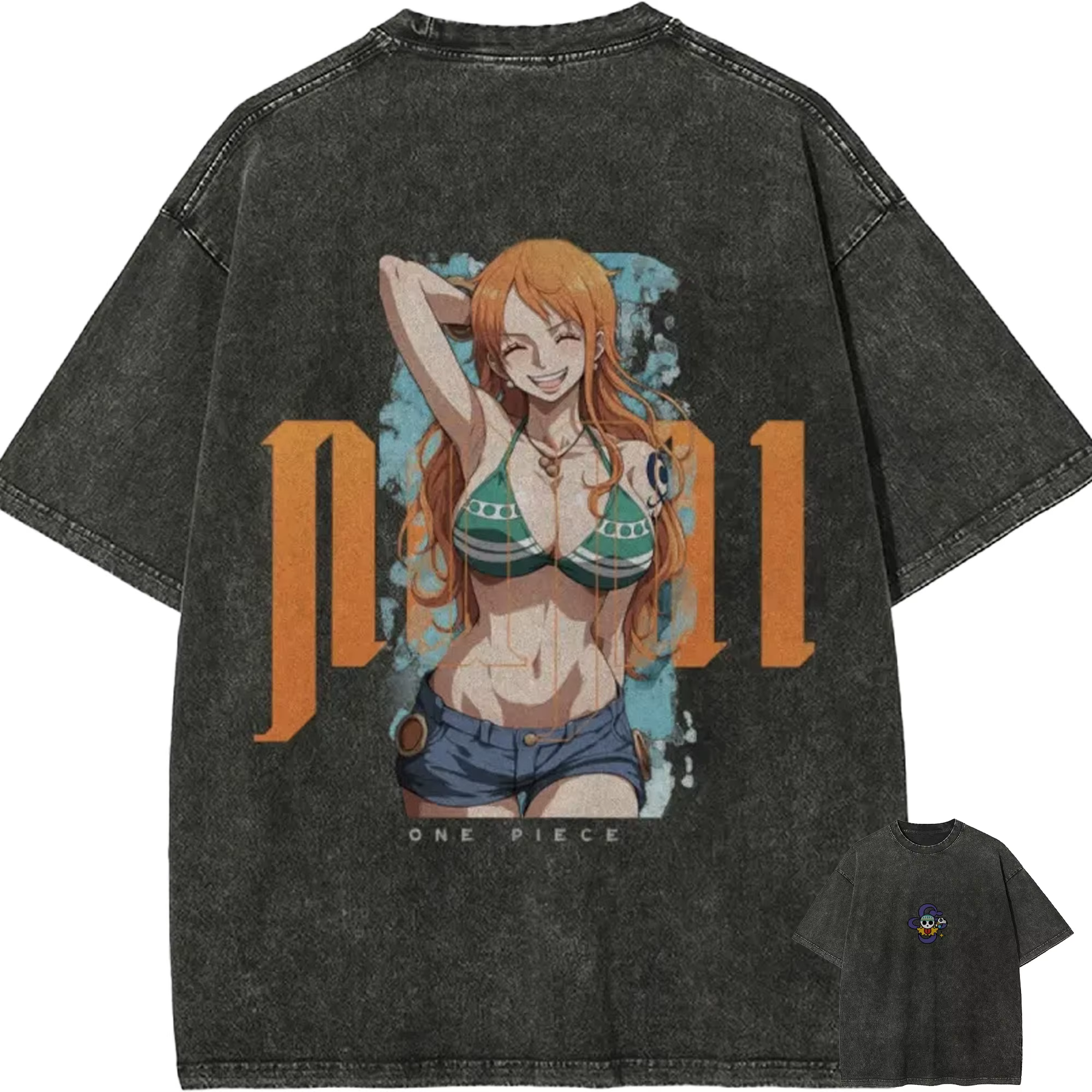T-shirt Nami One Piece, fille anime sexy, vintage, effet délavé, streetwear, graphisme rétro, t-shir