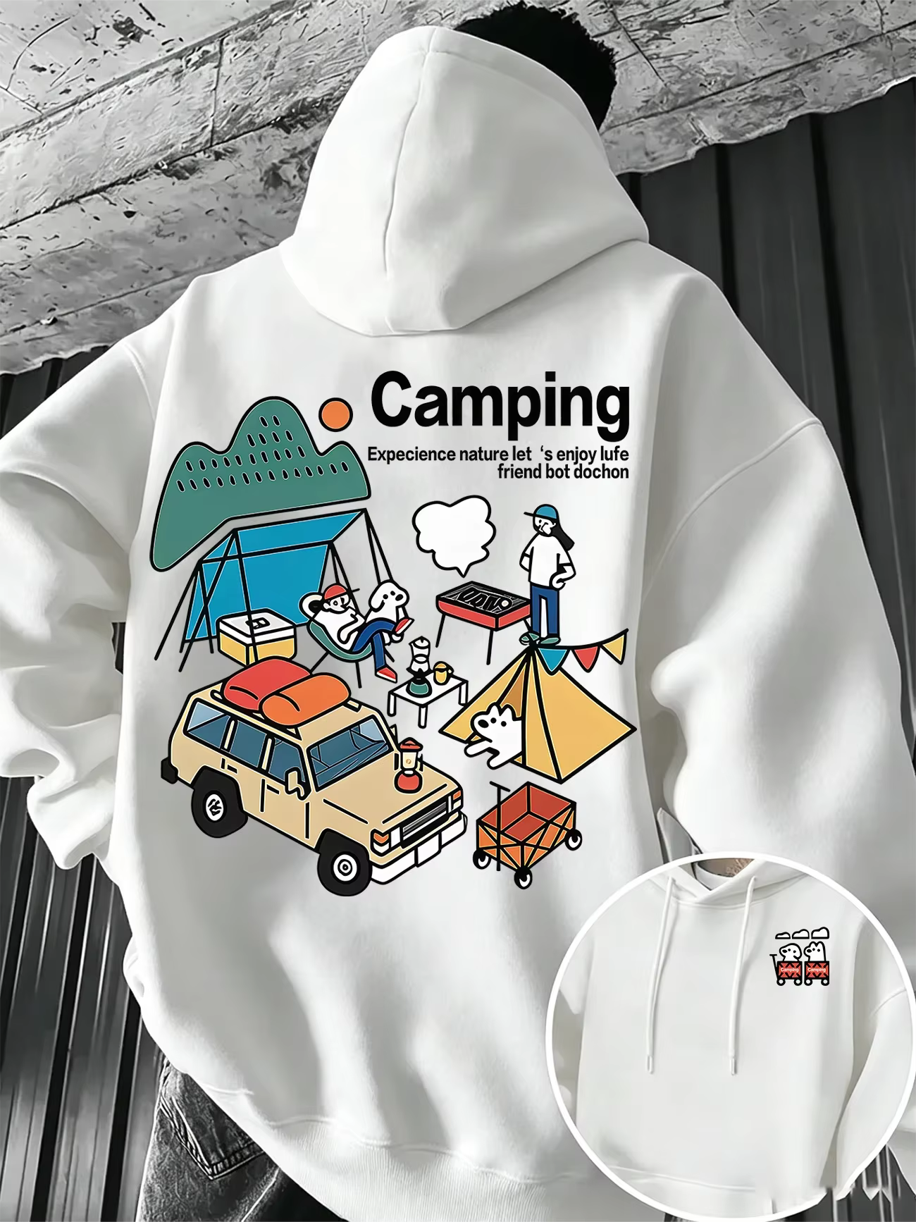 Sweat-shirt à capuche oversize pour homme, imprimé dessin animé camping-car et tente, double impress
