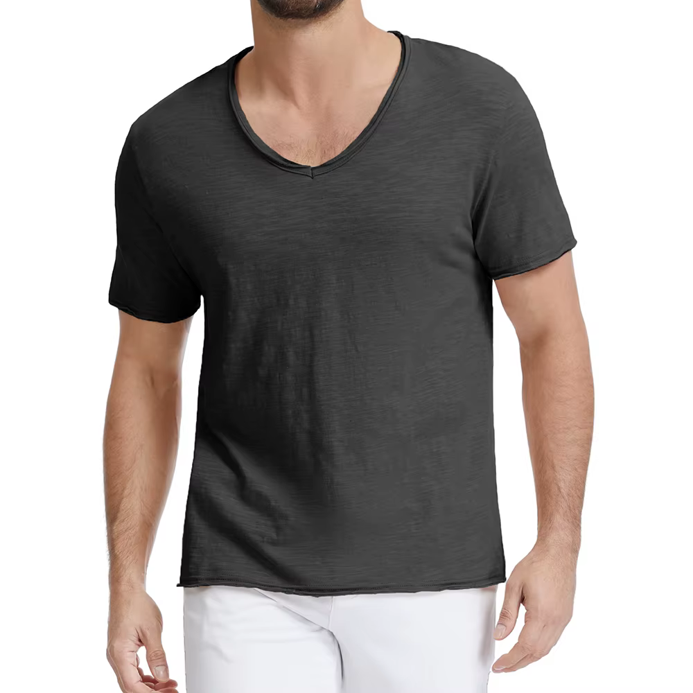 T-shirt tendance pour homme, design déchiré, col en V, coupe ajustée, coton confortable, hauts éléga