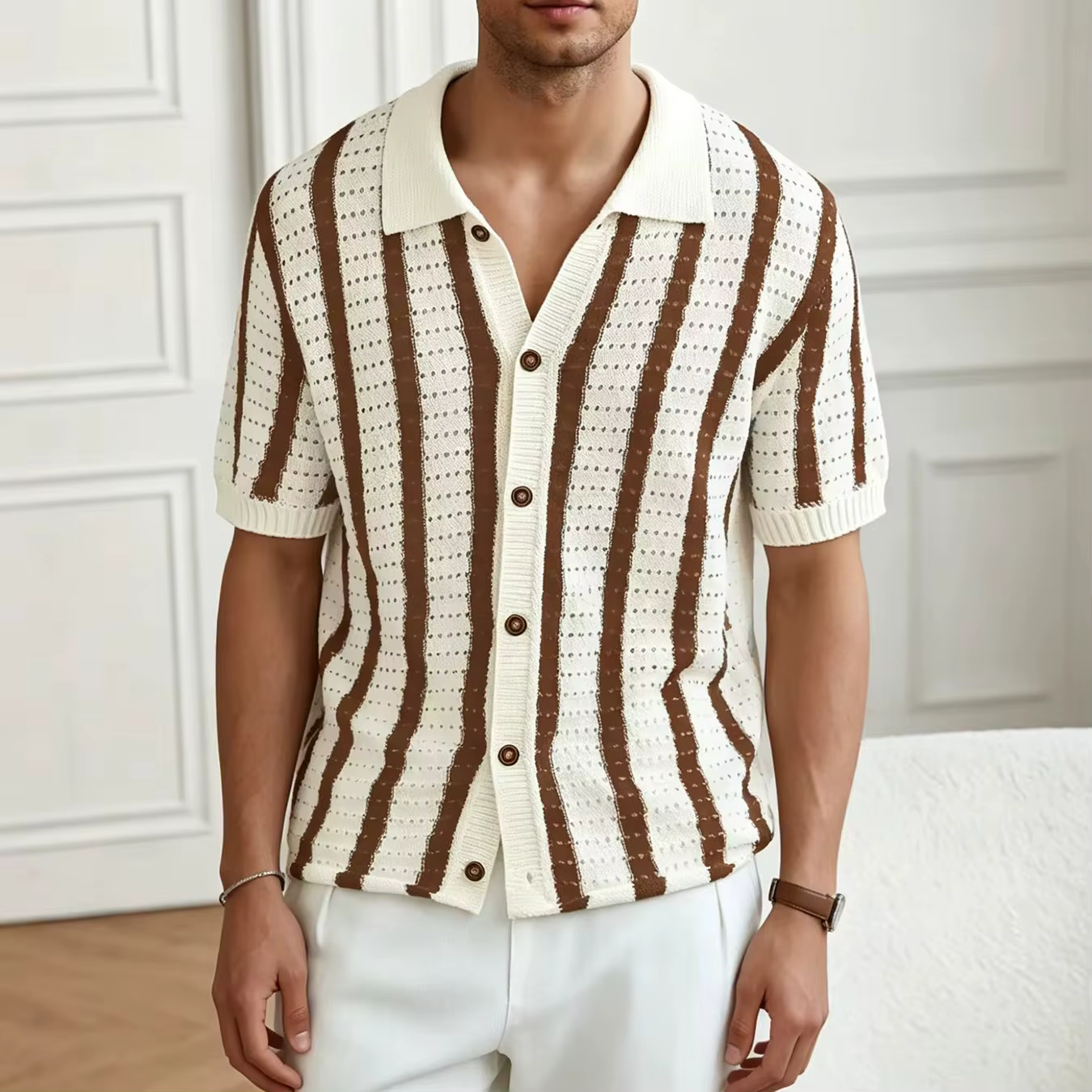 Polo en tricot rayé pour homme, manches courtes, cardigan boutonné, col en V, ajouré, style rétro dé