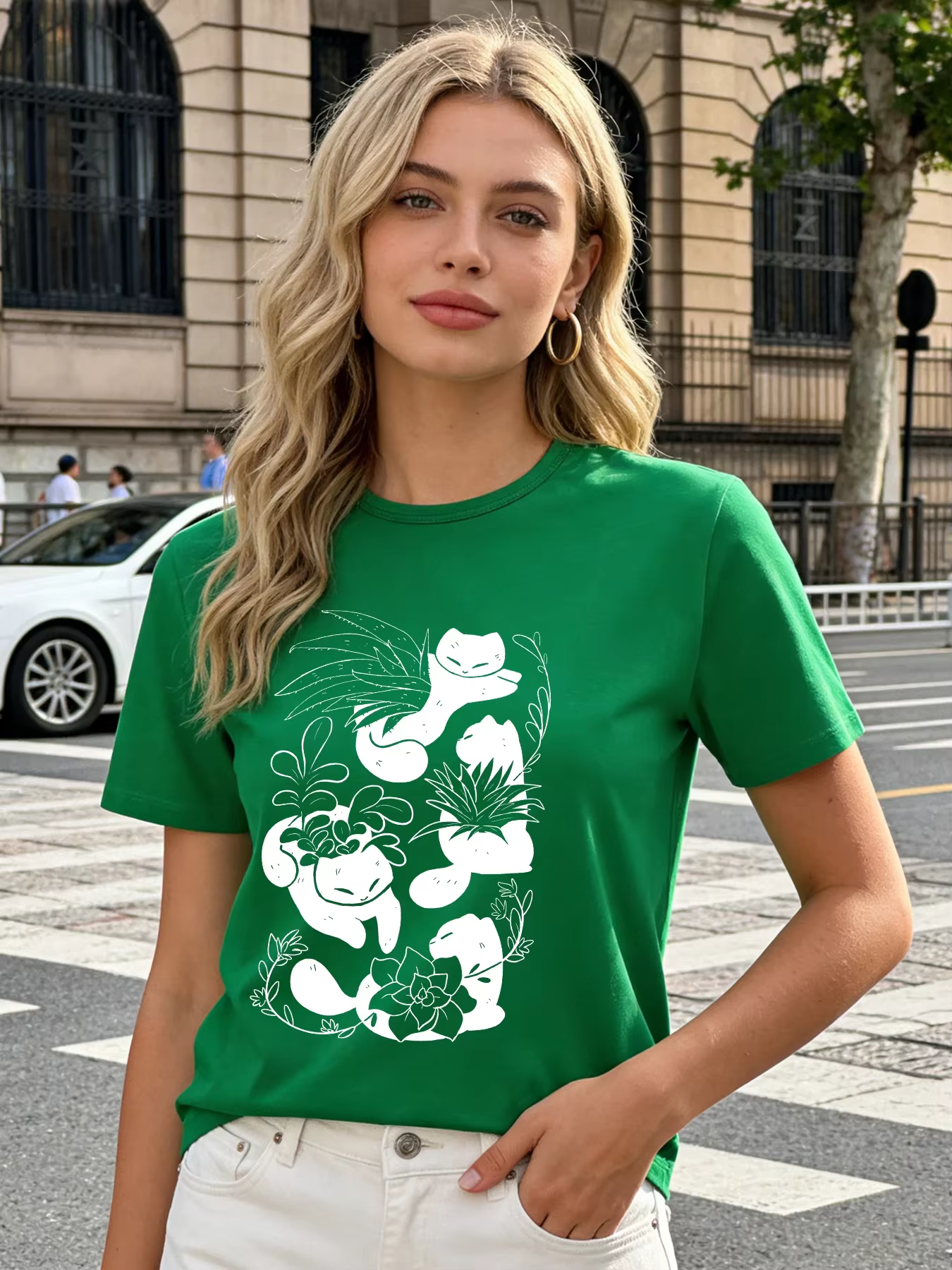 T-shirt Femme Mignon Chat et Plante Kawaii, Motif Chat Succulent, Printemps-Été 2026, Col Rond, Manc