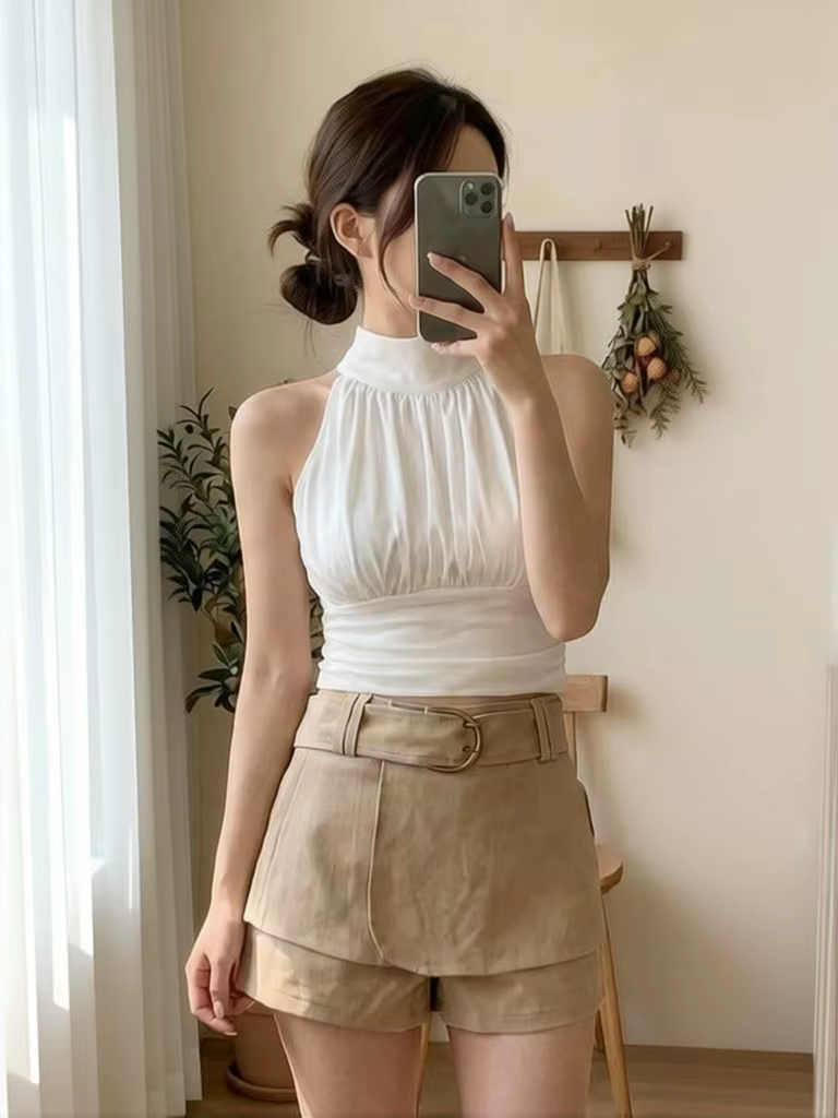 T-shirt de luxe sans manches à col licou pour femme, haut d'été sexy dos nu à lacets, débardeur basi