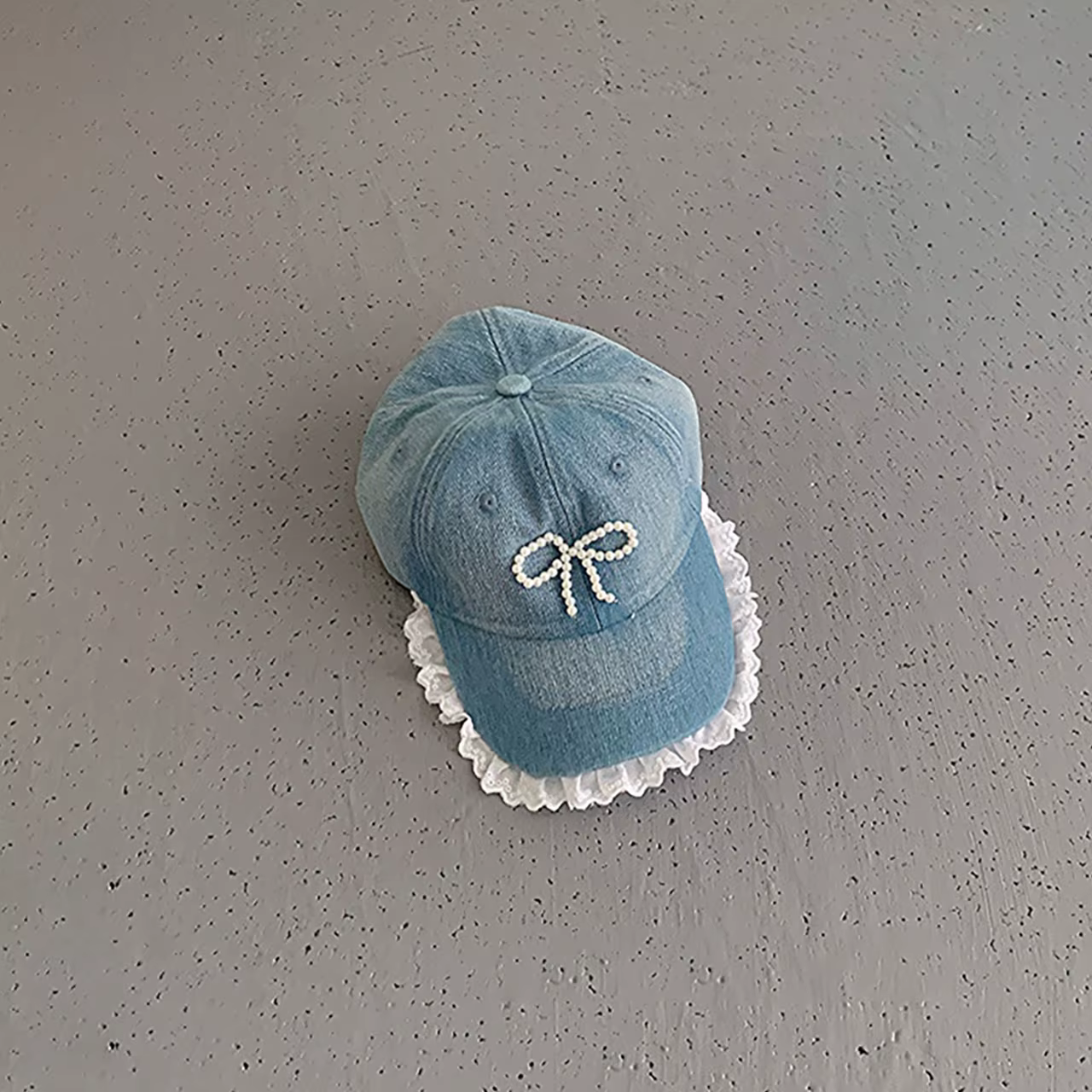 Casquette de baseball en jean bleu pour fille princesse, avec nœud perlé, visière en dentelle blanch