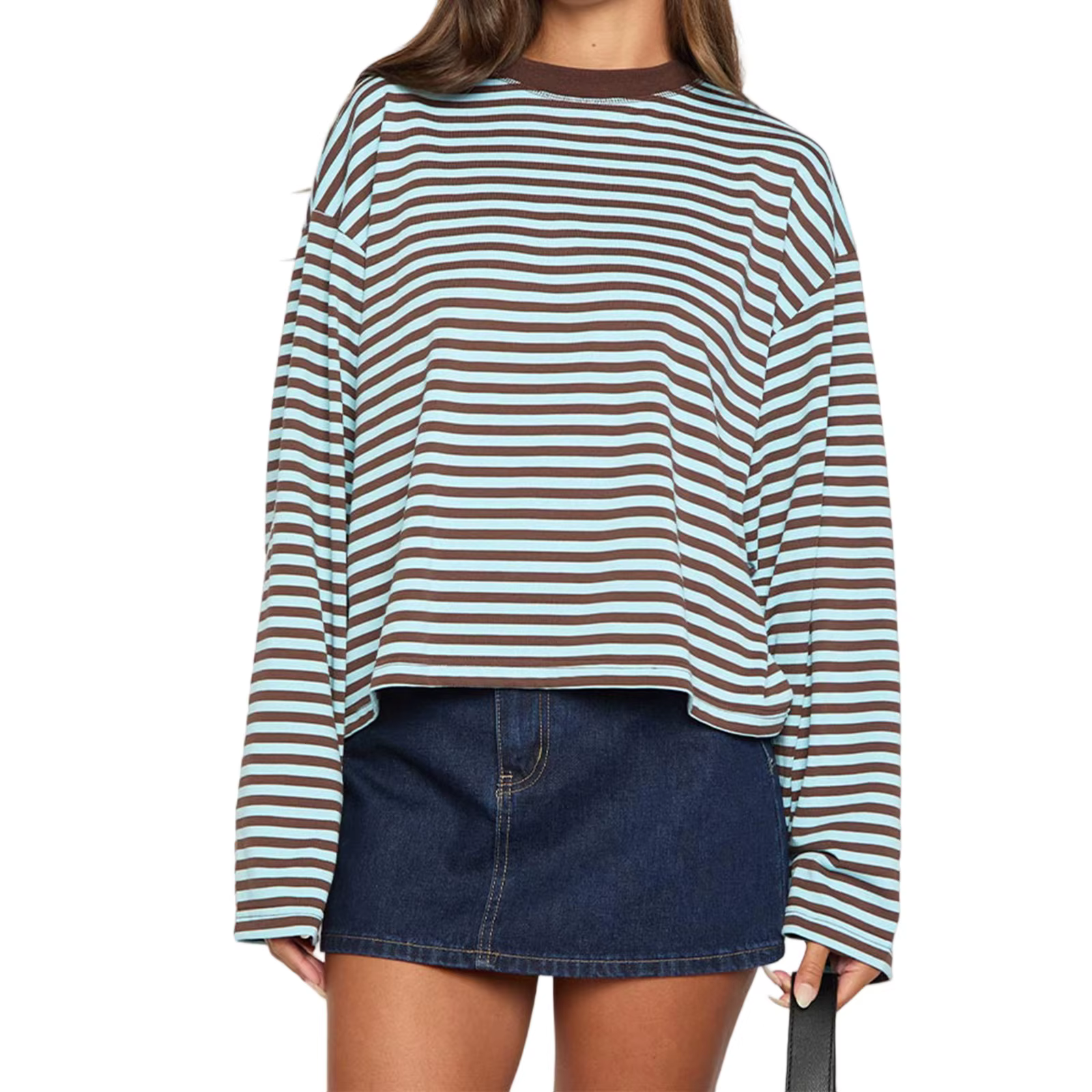 T-shirt rayé à manches longues pour femmes, sweat-shirt surdimensionné à col rond, esthtique, Vintag