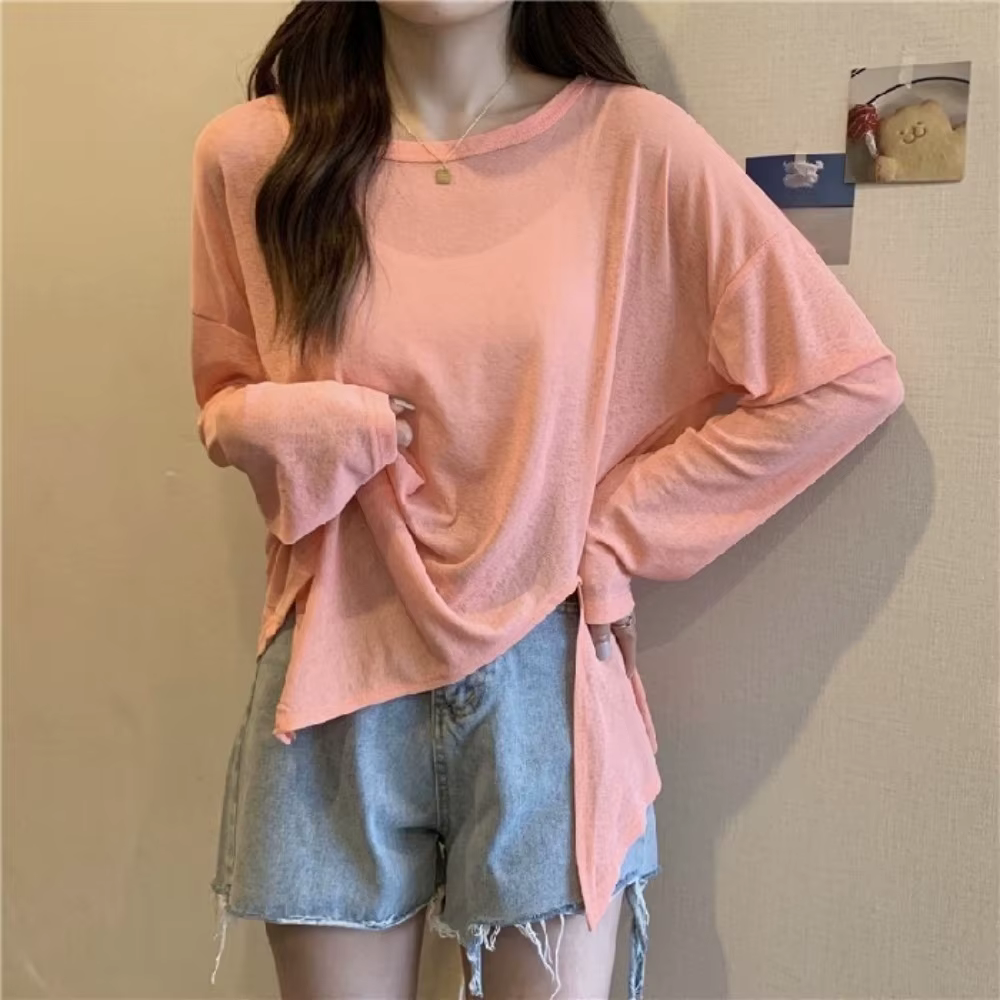 T-shirt respirant fin anti-UV à col rond, couleur unie, manches longues, coupe ample et élastique, p