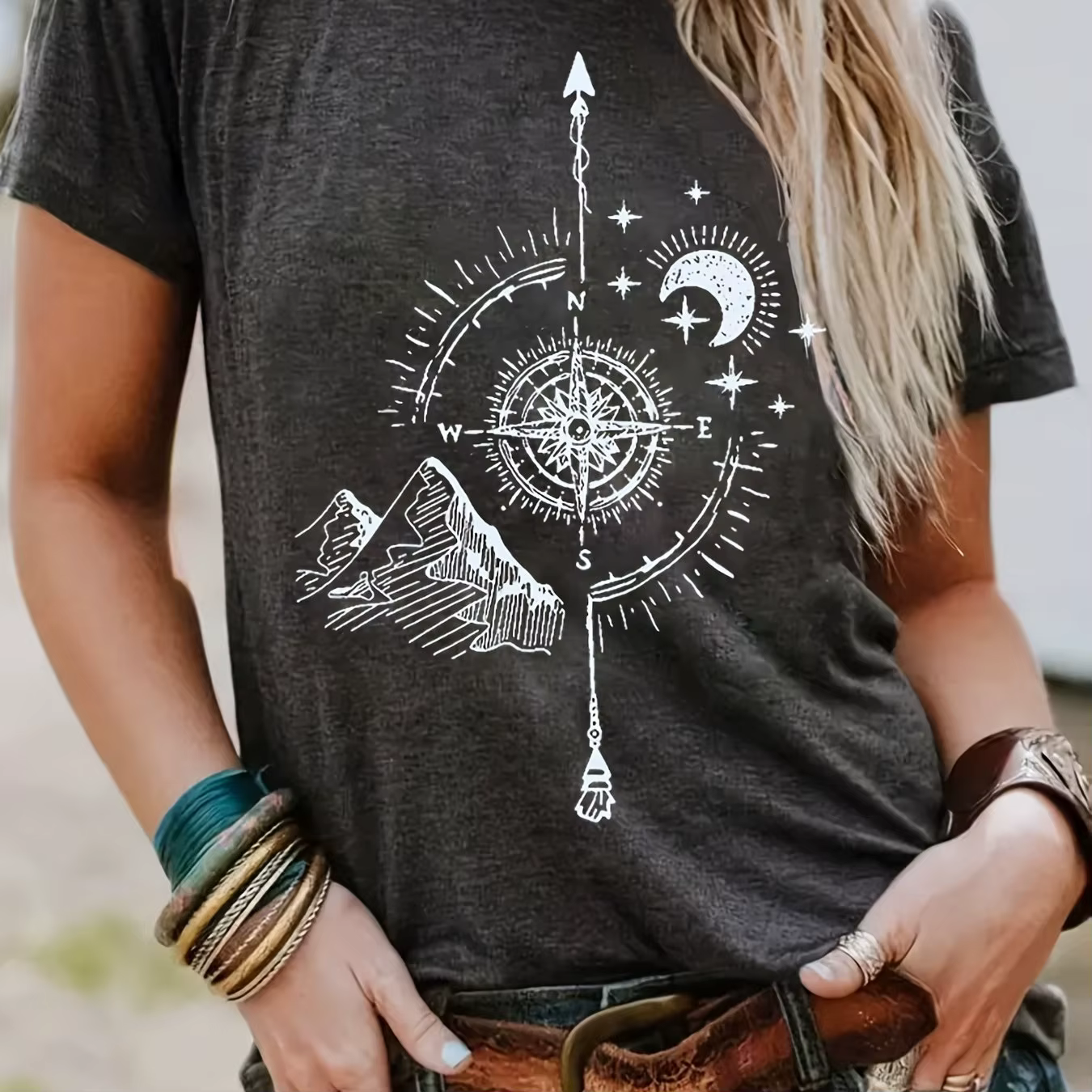 T-shirt imprimé boussole, T-shirt d'été décontracté à manches courtes et col ras du cou, vêtements p