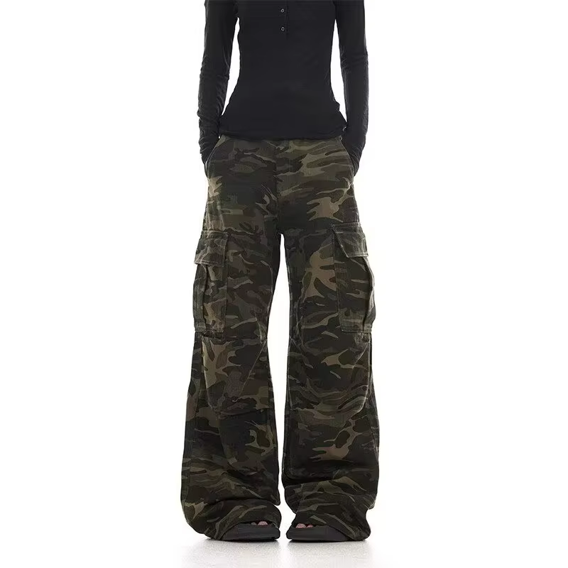 Pantalon de travail camouflage au design délavé rétro américain pour hommes et femmes, jambe droite