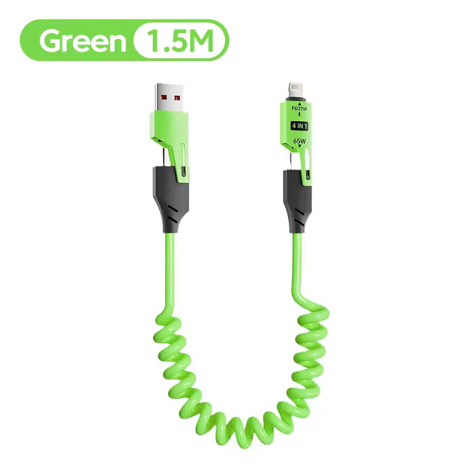 Câble de données court à ressort 4 en 1 65W 6A USB Type C, chargeur rapide télescopique à ressort, c